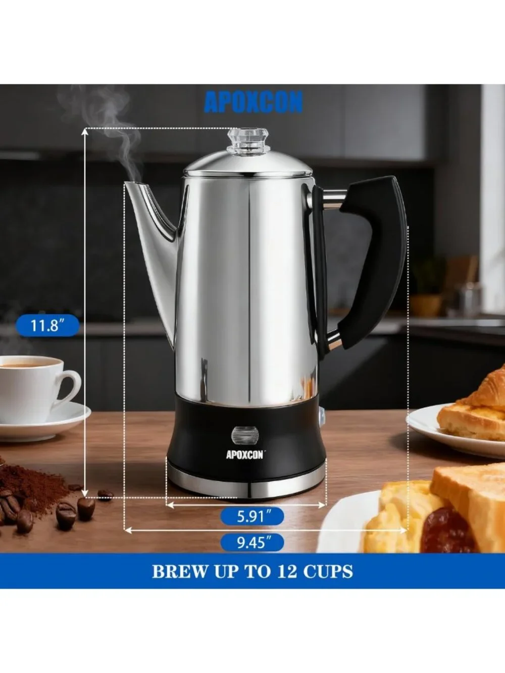 Stainless Steel Electric Coffee Percolator, 12 Cup, Cordless, Automatic Keep
